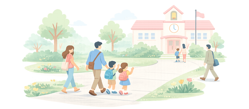 Busy parents dropping their kids off at school graphic