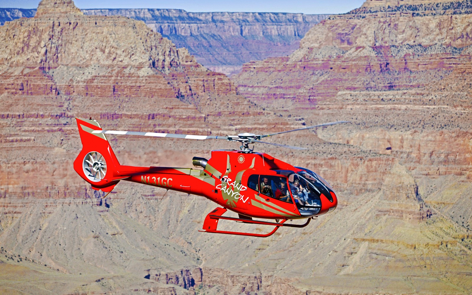 Helicopter flying over Grand Canyon during 45-min tour.