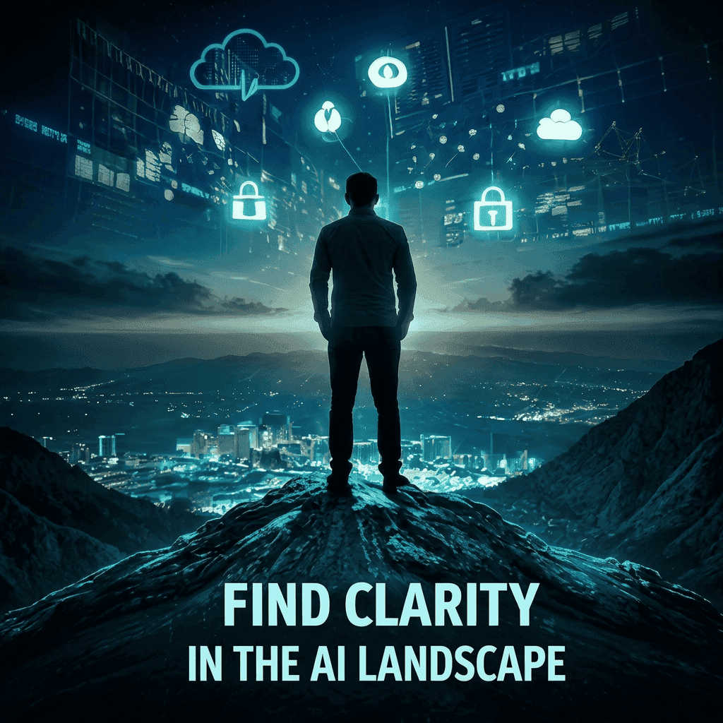 Silhouette of a person standing on a hill overlooking a futuristic city with glowing AI, cloud, and security icons in the sky, symbolizing gaining clarity and direction in the AI landscape.