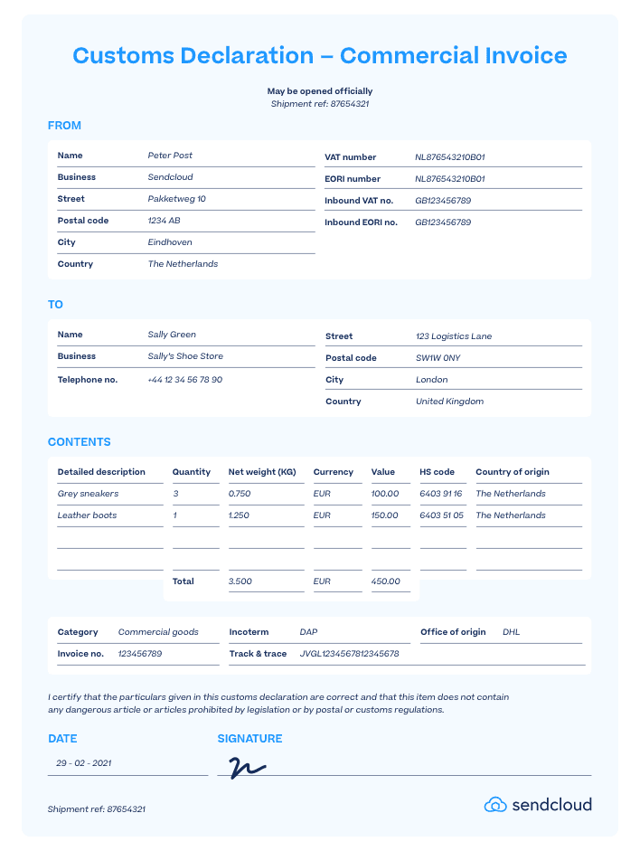 Customs declaration - commercial invoice