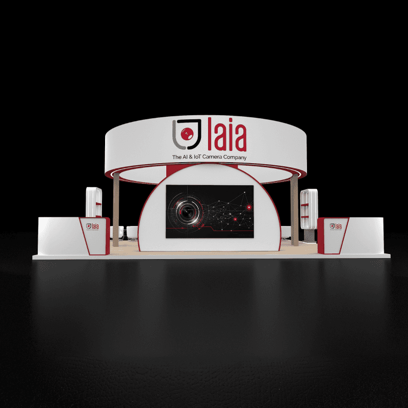 30x30 digital technology booth rental with curved branding, monitor displays, and consultation areas