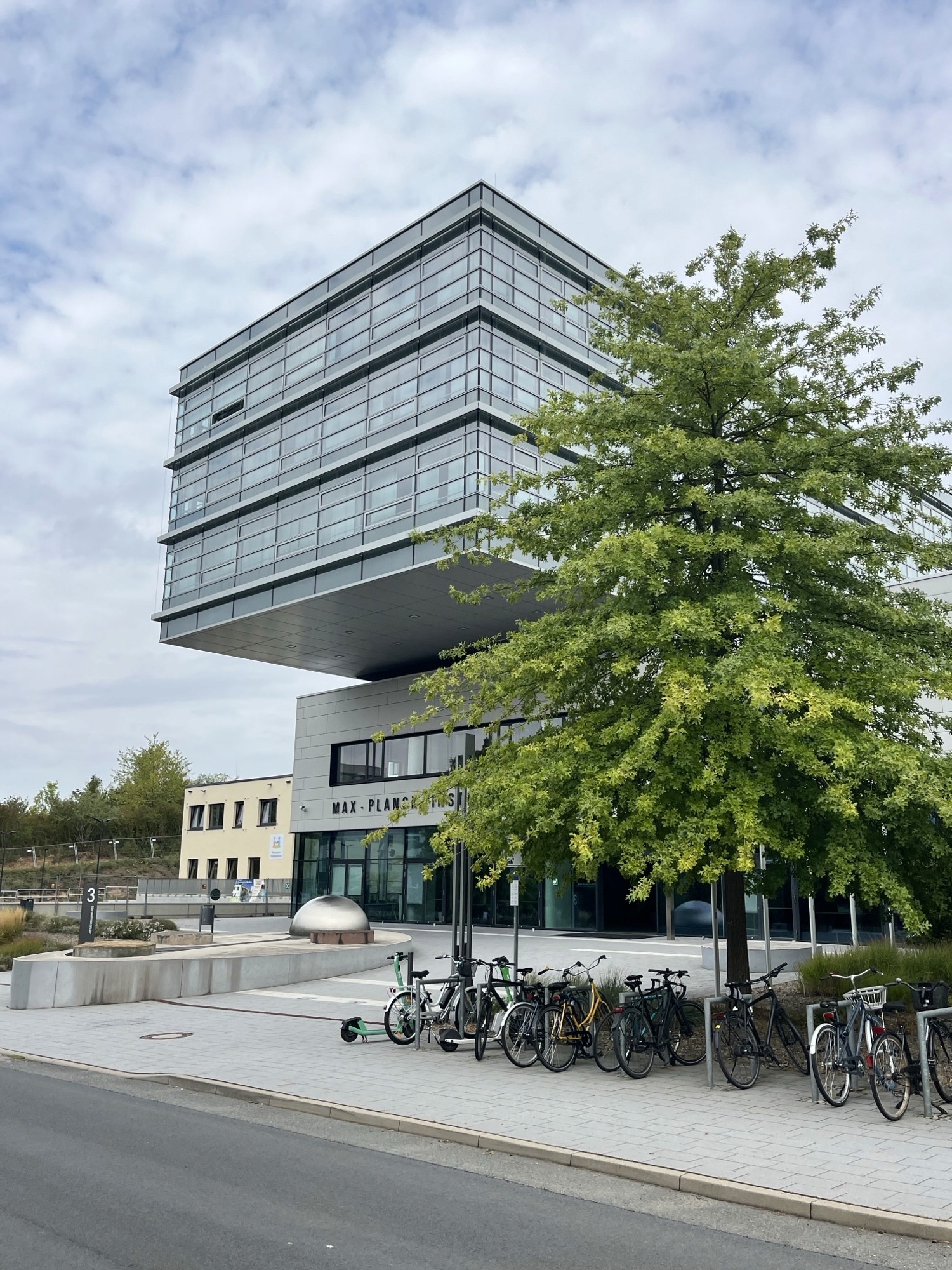 Modernes Gebäude mit spannender Architektur und grüner Baum
