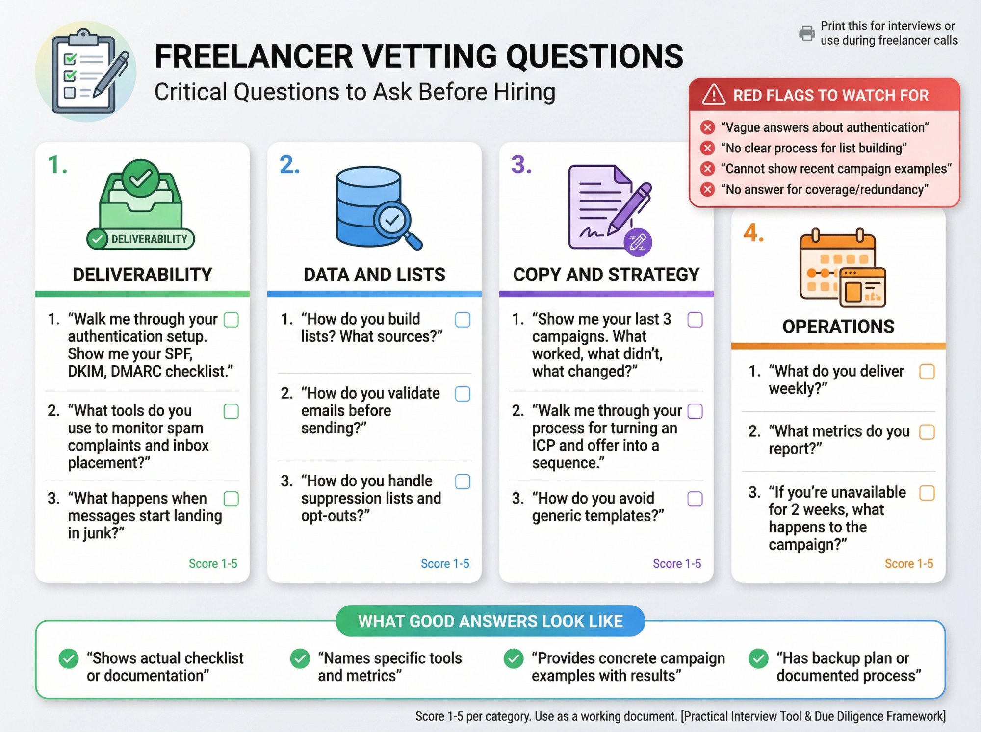 Structured vetting question framework for evaluating cold email freelancers across deliverability, data, copy, and operations