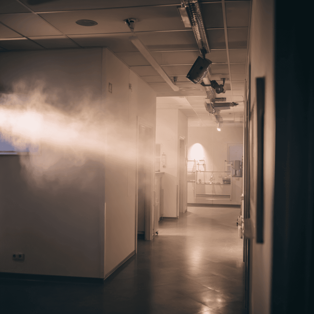 Corridor of a large facility during professional disinfection – disinfection mist visible