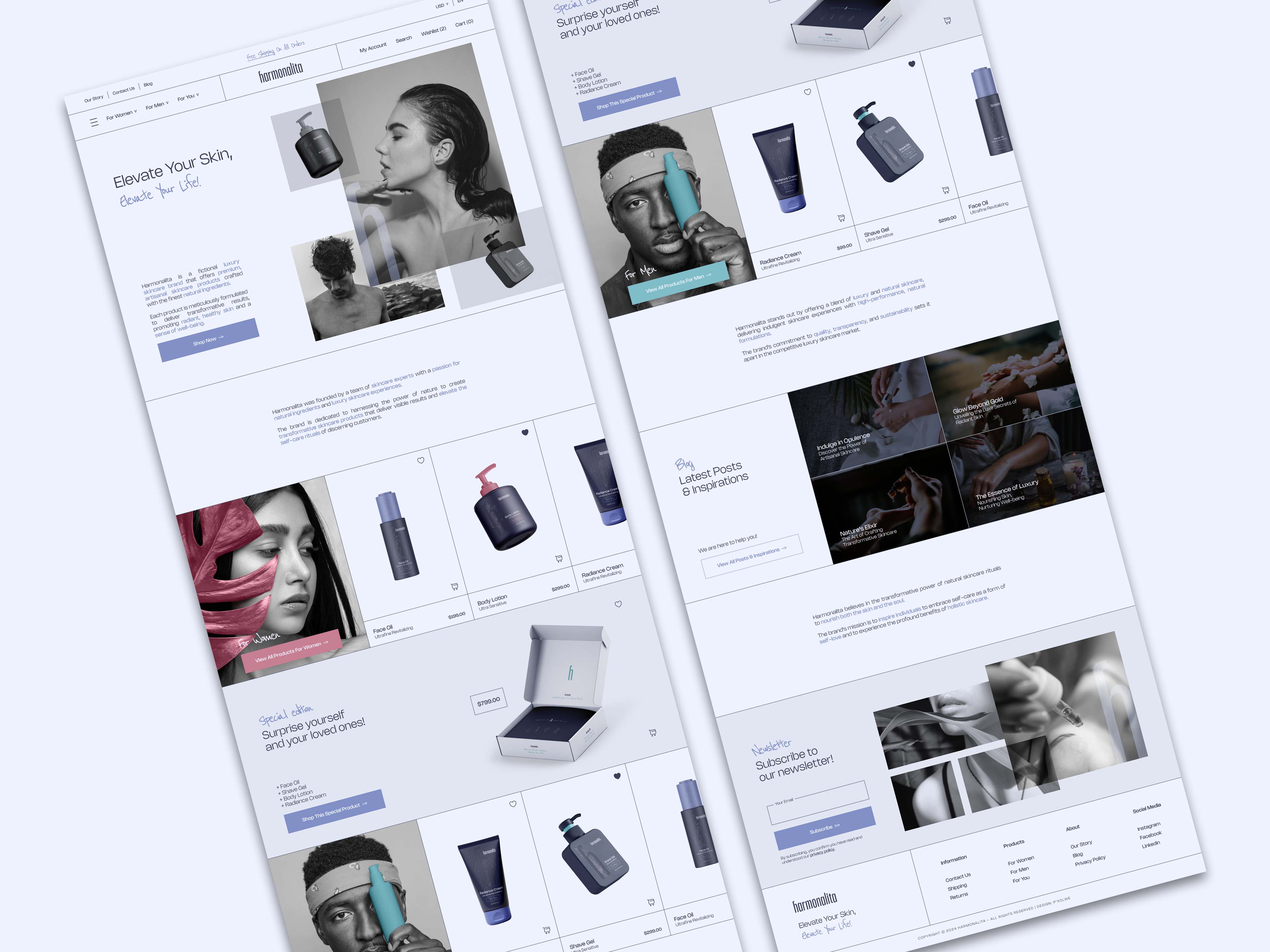 Desktop website design mockups featuring products and lifestyle imagery - Harmonalita, a luxury skincare brand identity.