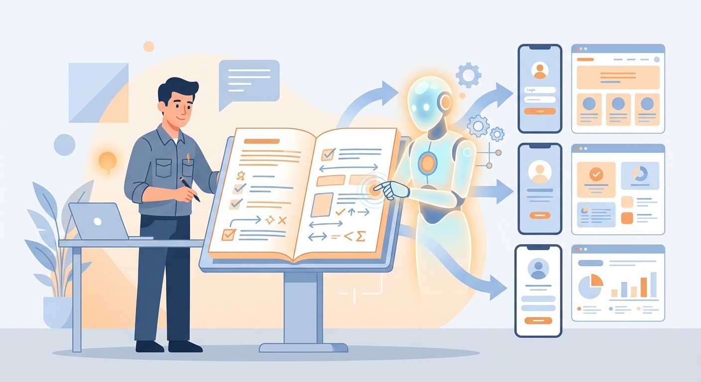 Illustration of a human engineer and an AI agent working from a shared specification document to produce finished app screens