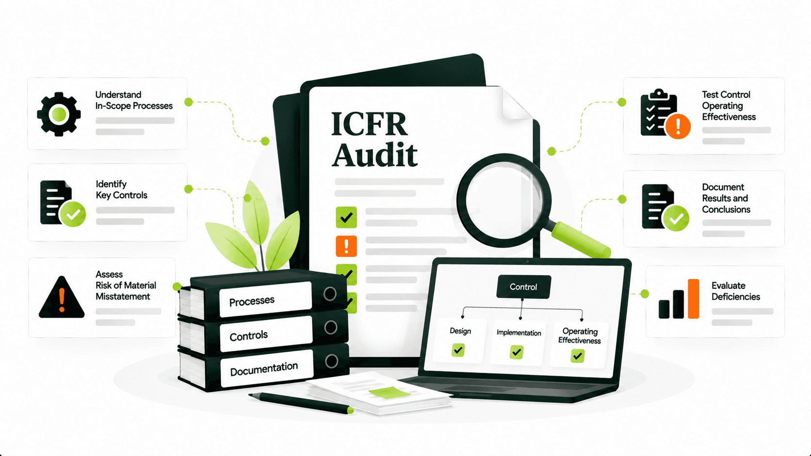 ICFR audit process from risk and control testing to evidence and conclusion.