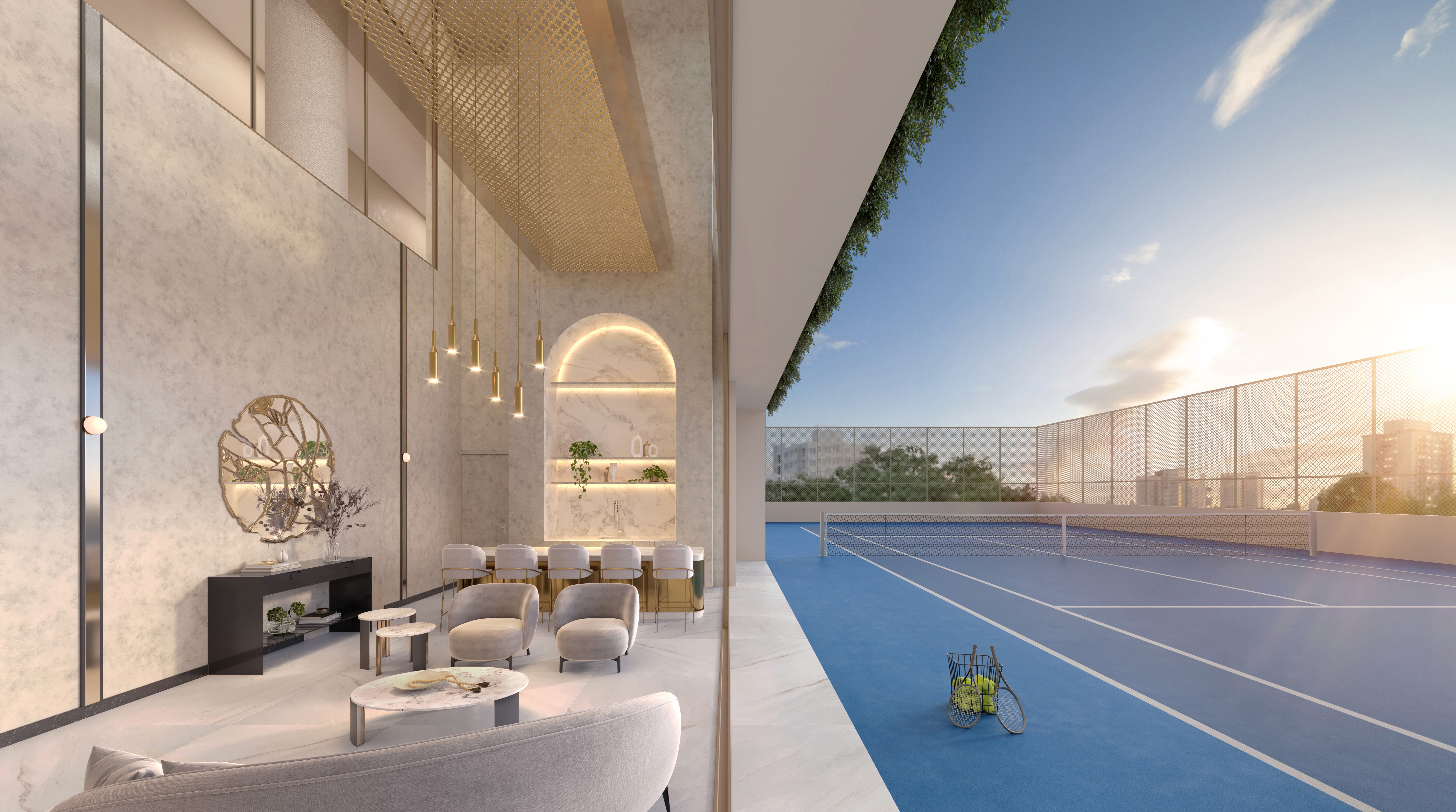 Curved modern skyscraper against a clear blue sky.