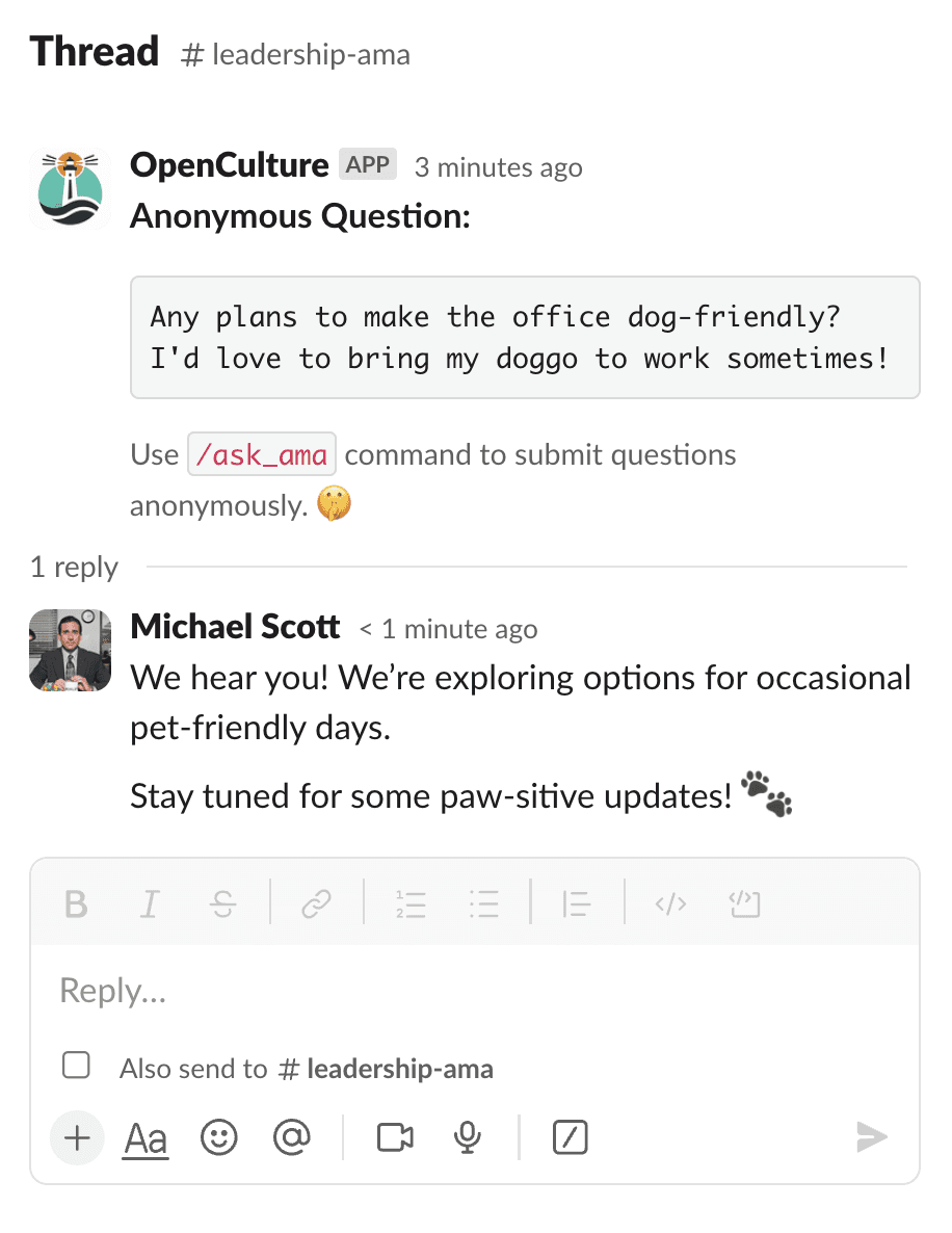 A Slack thread from the #leadership-ama channel. At the top, the OpenCulture Bot posts an anonymous question about the rumor of this year's company retreat being in Bali and inquires about dates. Below, a response confirms the retreat's location in Bali.