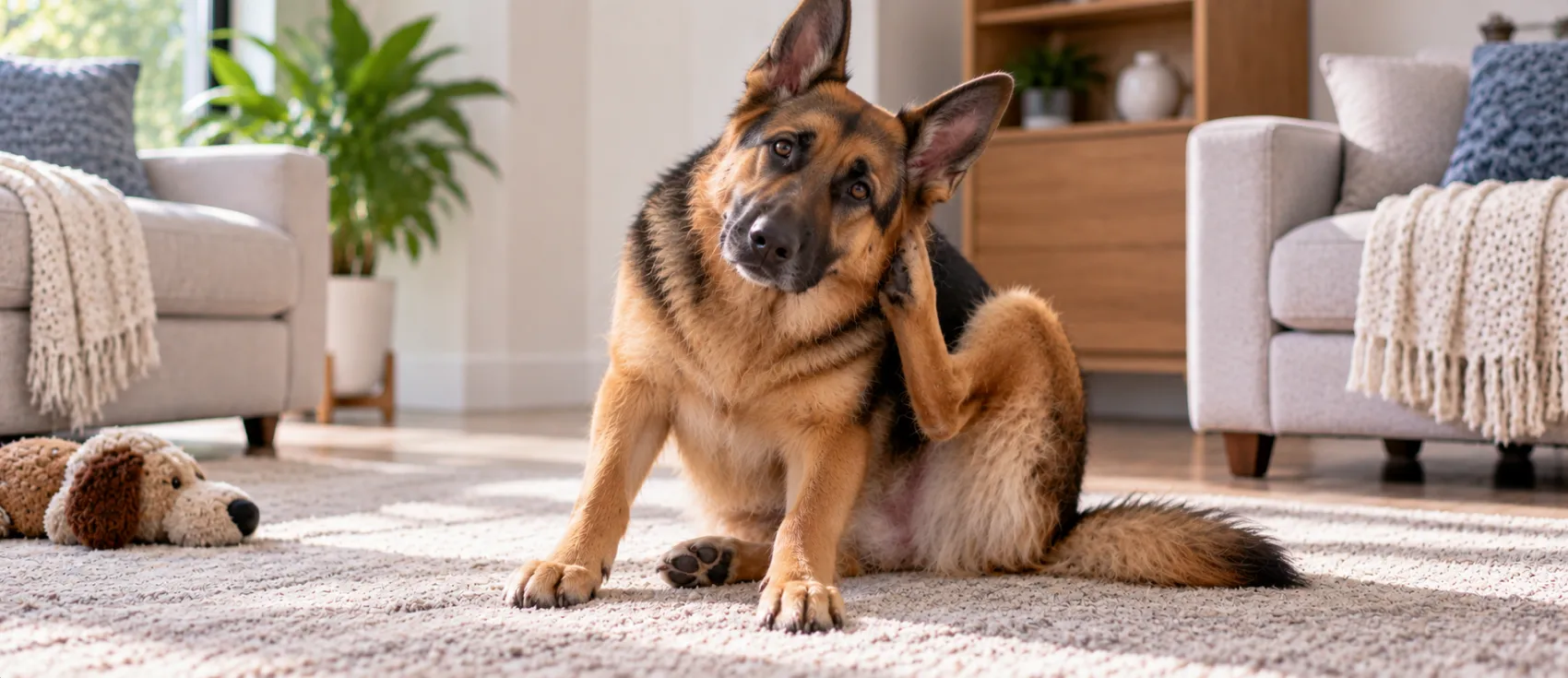 A German Shepherd scratches vigorously at its ear with a hind leg.
