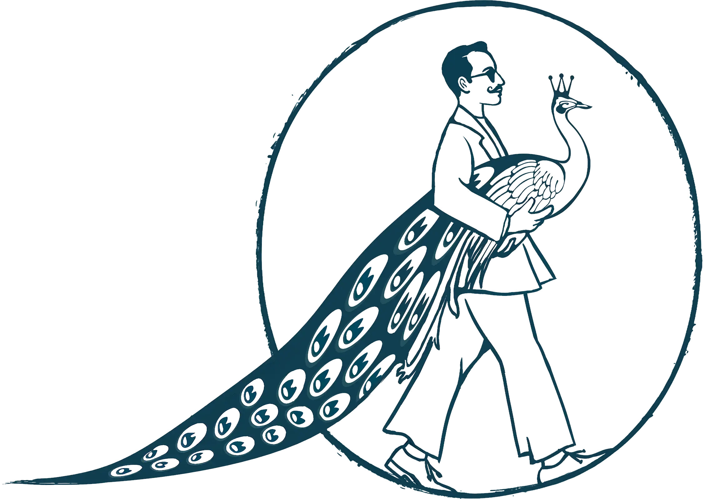 Line drawing of a man in a suit carrying a peacock, its tail trailing behind him