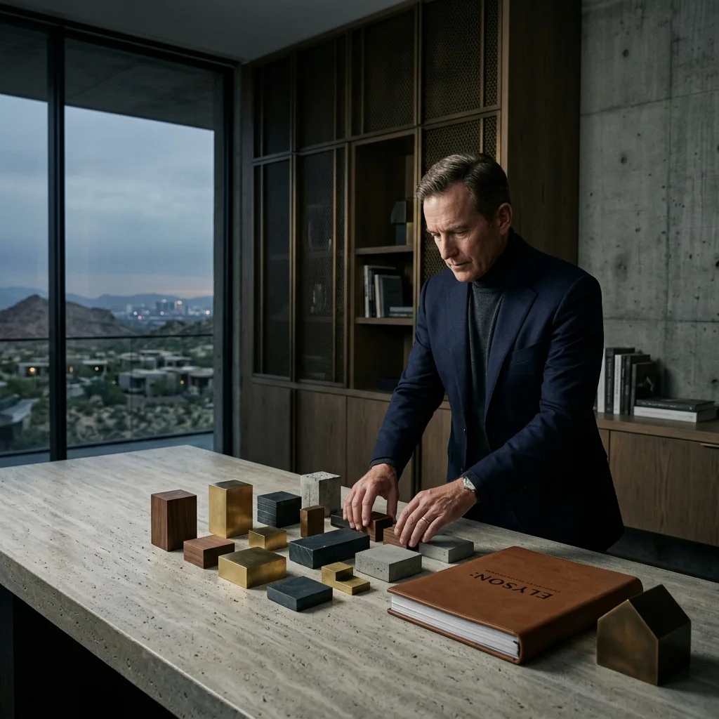 Man arranging material samples and blocks on a table in a modern office with large windows and a scenic view.