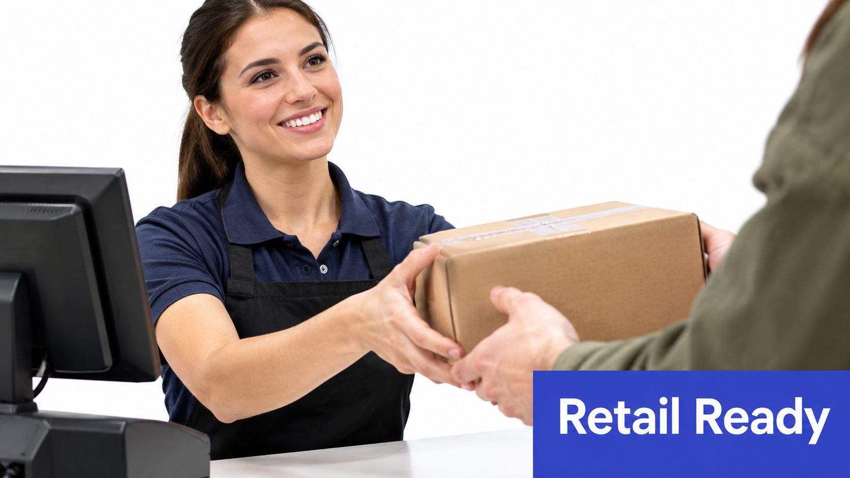 A friendly female cashier smiling while handing a cardboard package to a customer at a checkout counter.