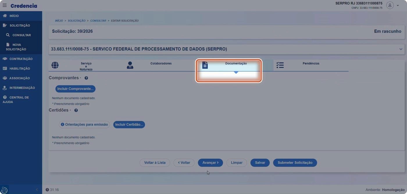 Captura de tela de referência do Credencia para Passo 1 — Abrir a etapa Documentação. Contexto: 30 — Documentação.