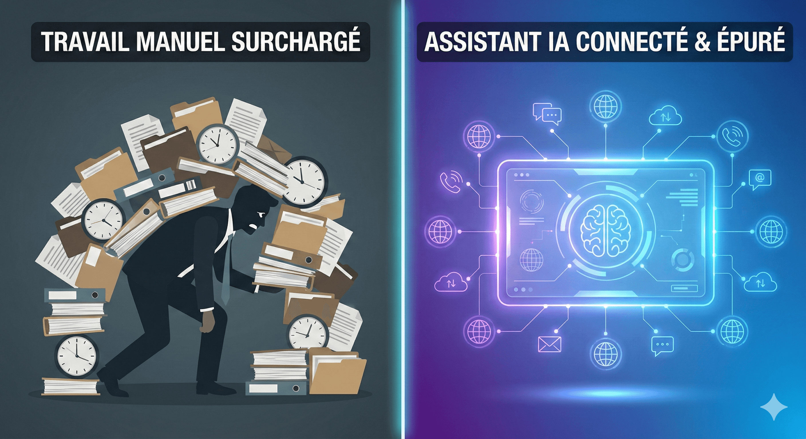 Comparaison entre travail manuel et un assistant intelligence artificielle performant.