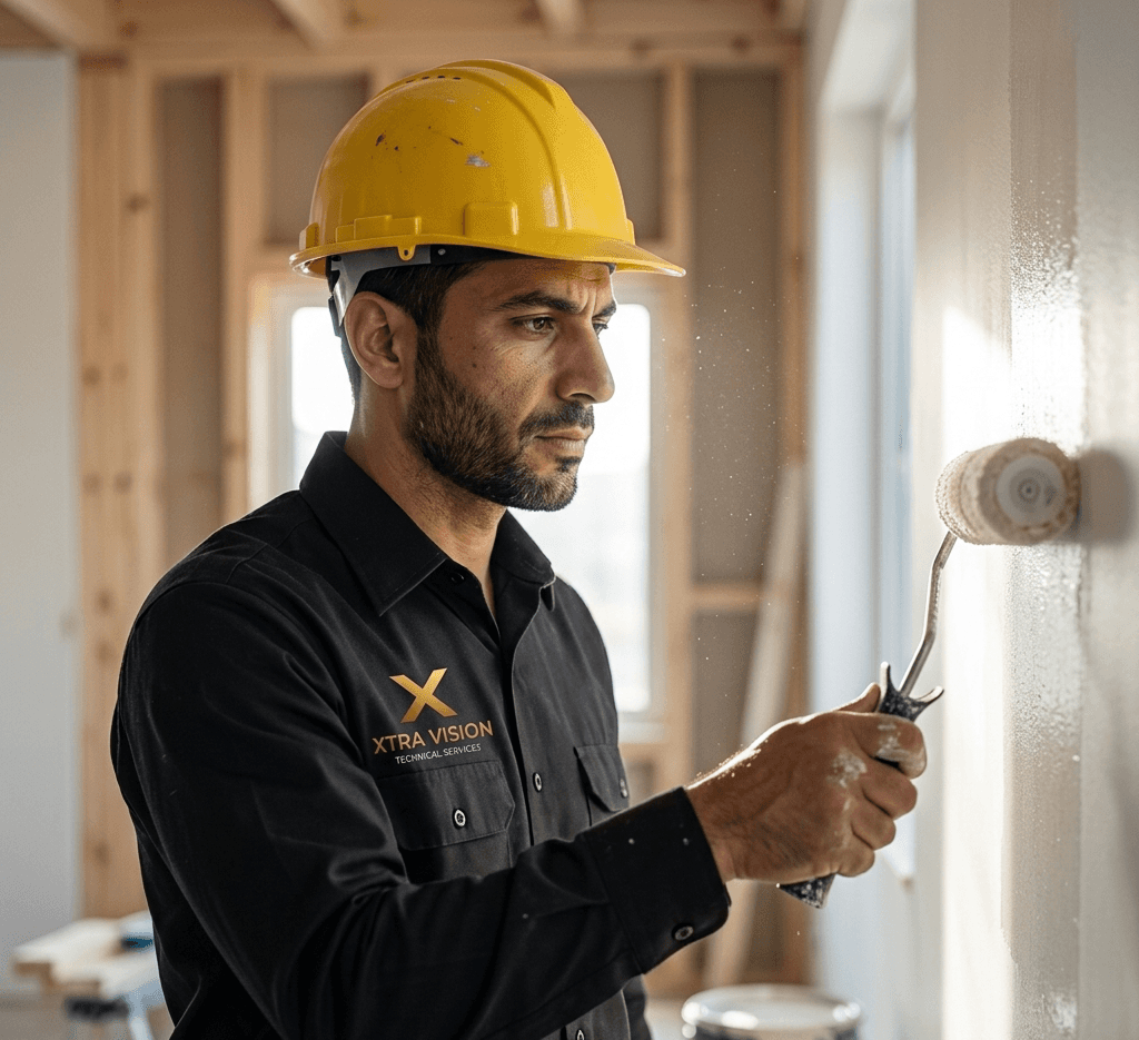 a man painting a wall with yellow paint