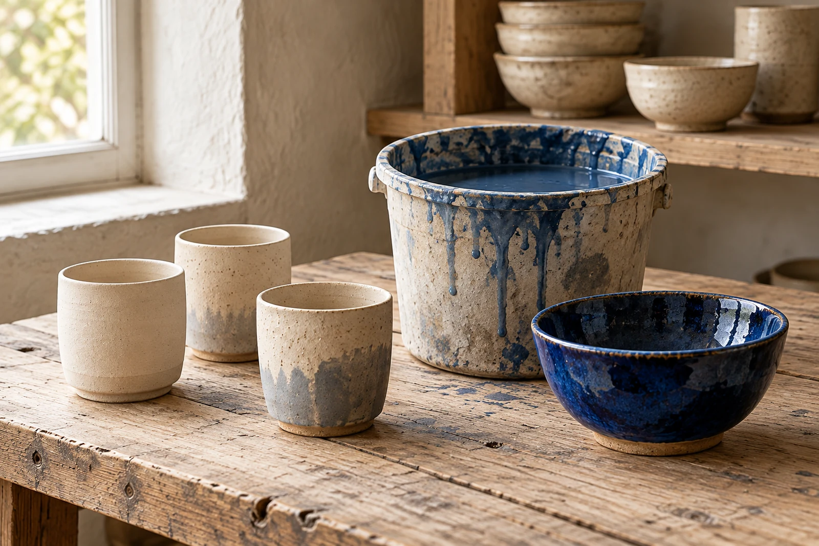 Glaze buckets, bisque test cups and a blue bowl