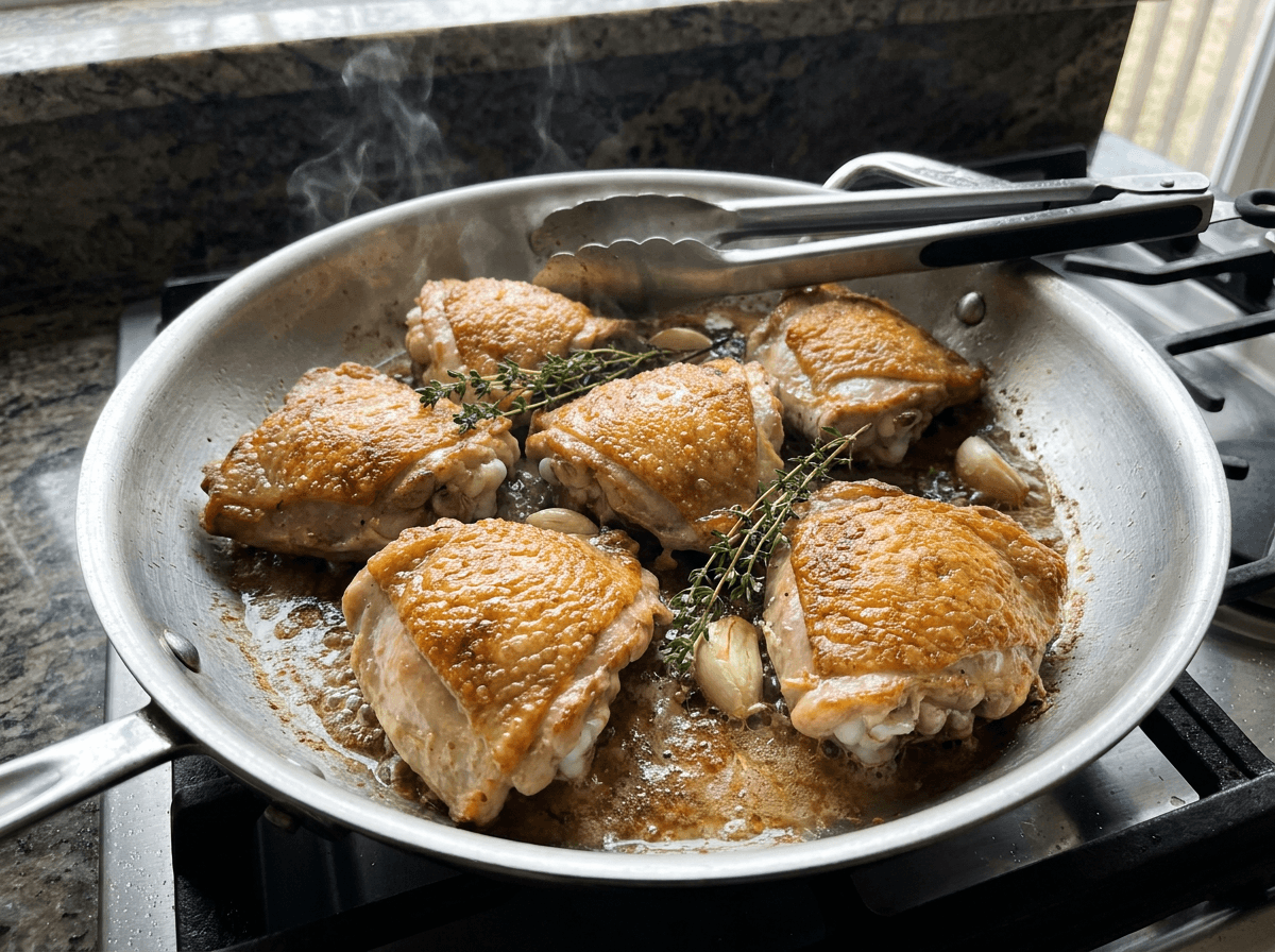 Chicken thighs searing skin-side down in stainless steel pan with thyme and garlic
