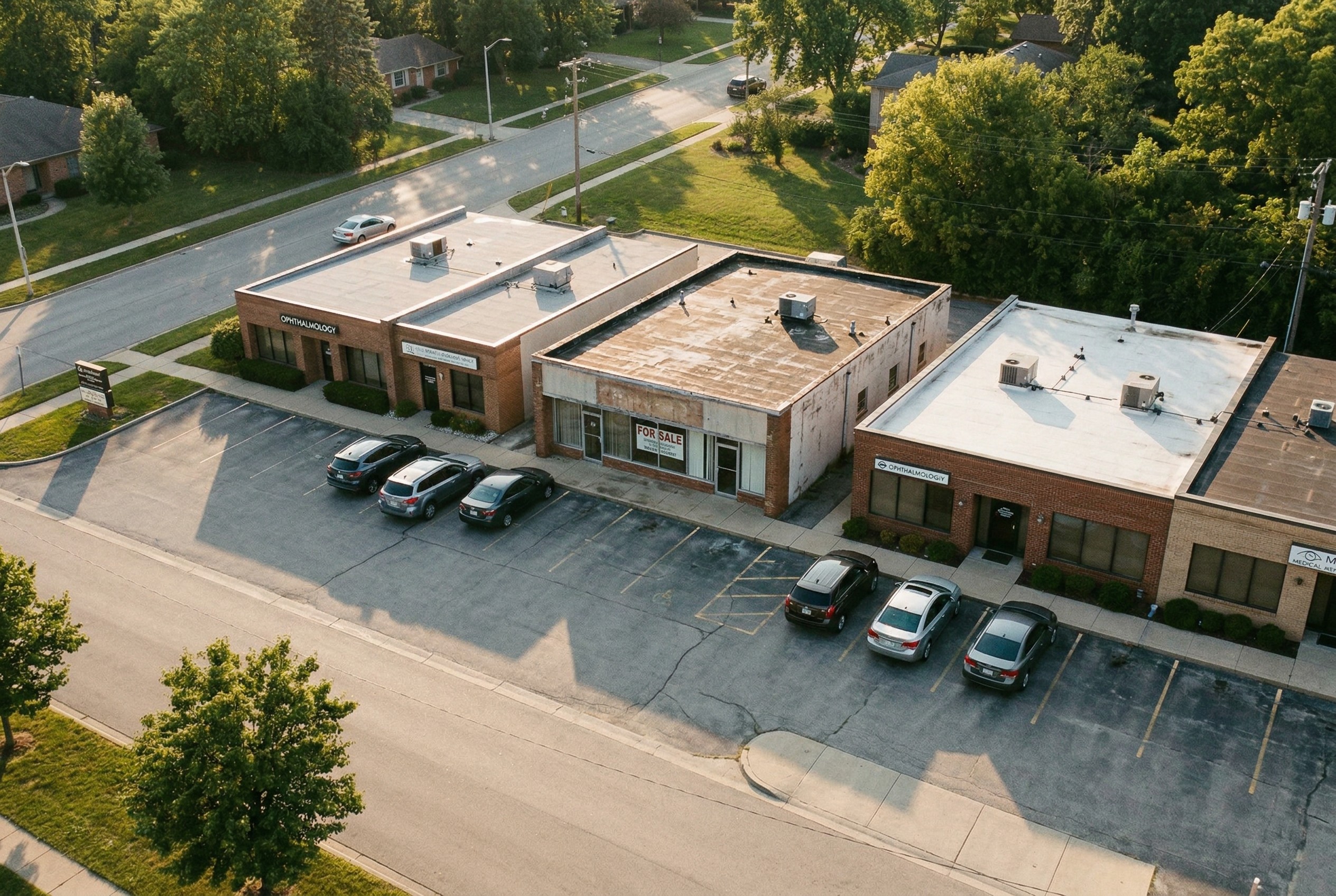 Row of small medical office buildings on suburban street with faded for-sale sign in one window and mostly empty parking lot