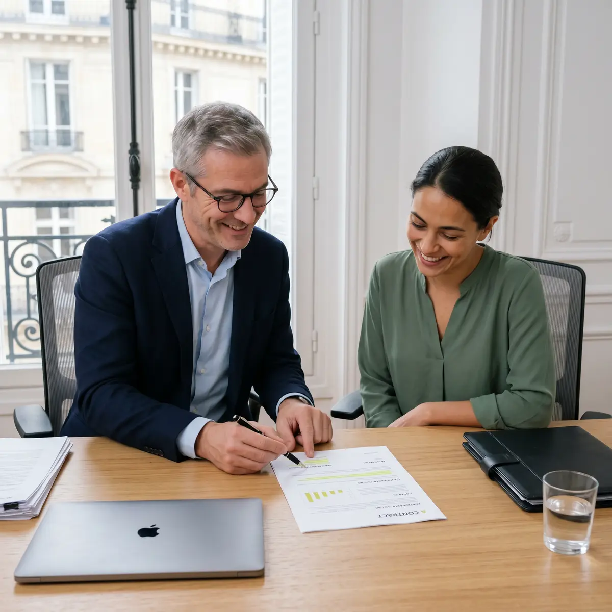 Syndic de copropriété en rendez-vous avec un courtier en énergie pour analyser un contrat de fourniture