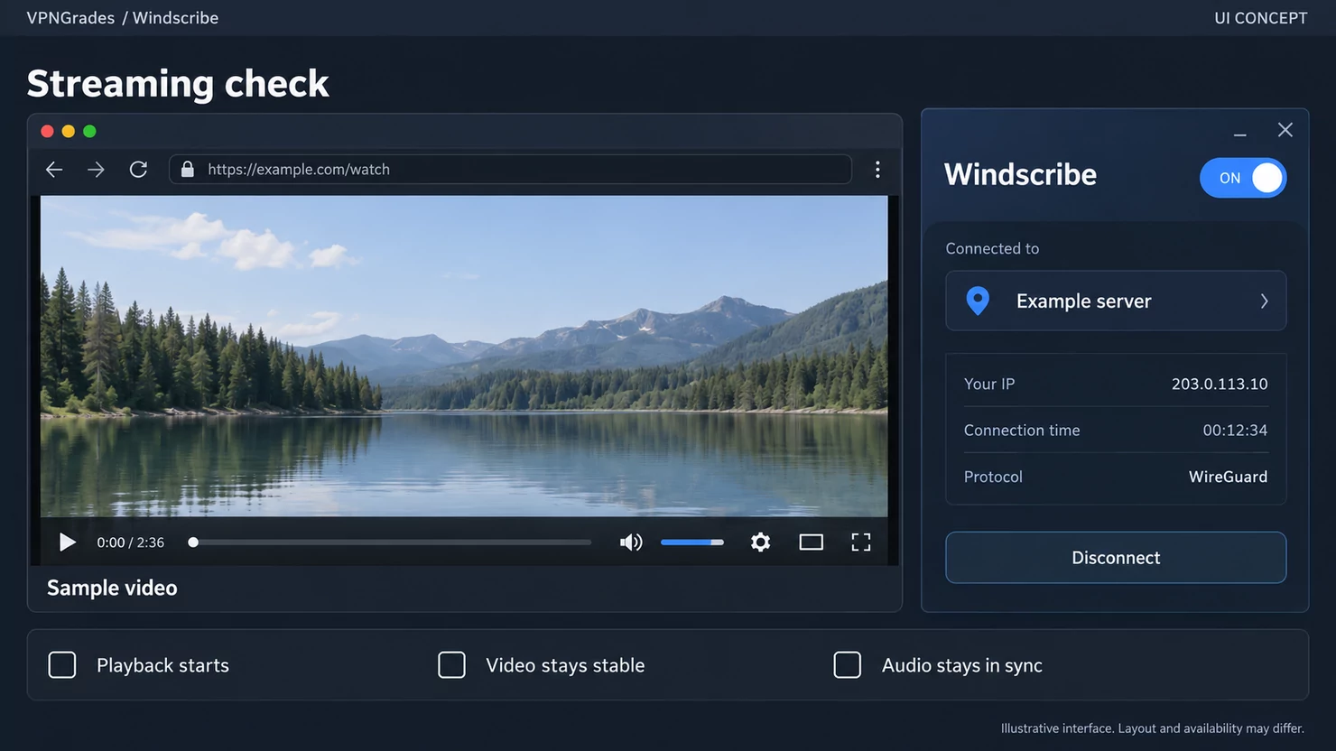 Windscribe: a streaming test layout concept (illustration).