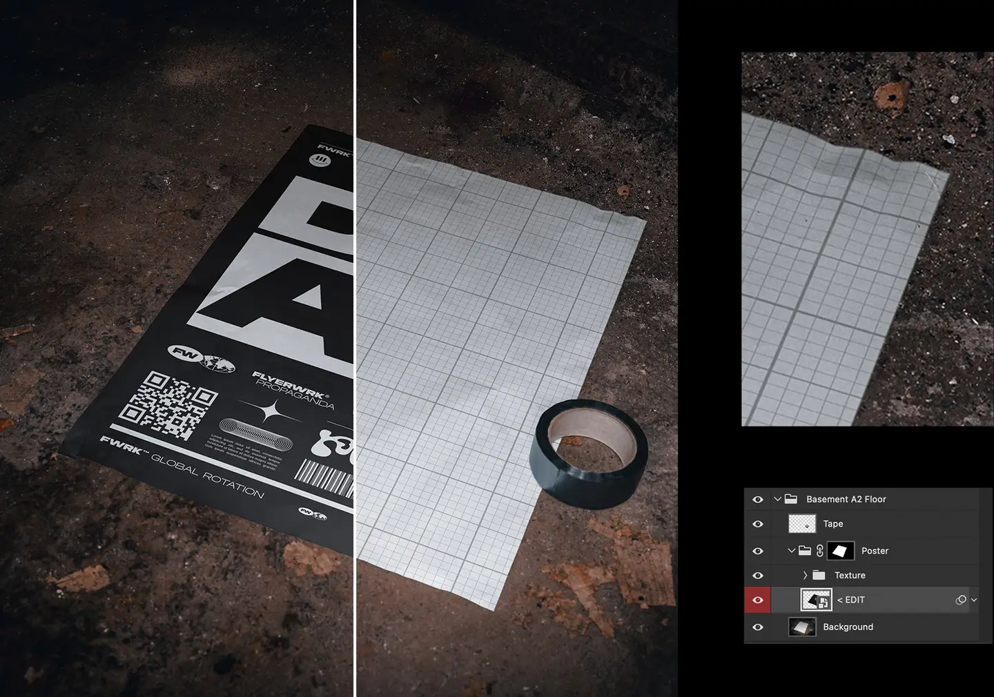 Basement A2 poster mockup smart object editing and layered Photoshop file preview