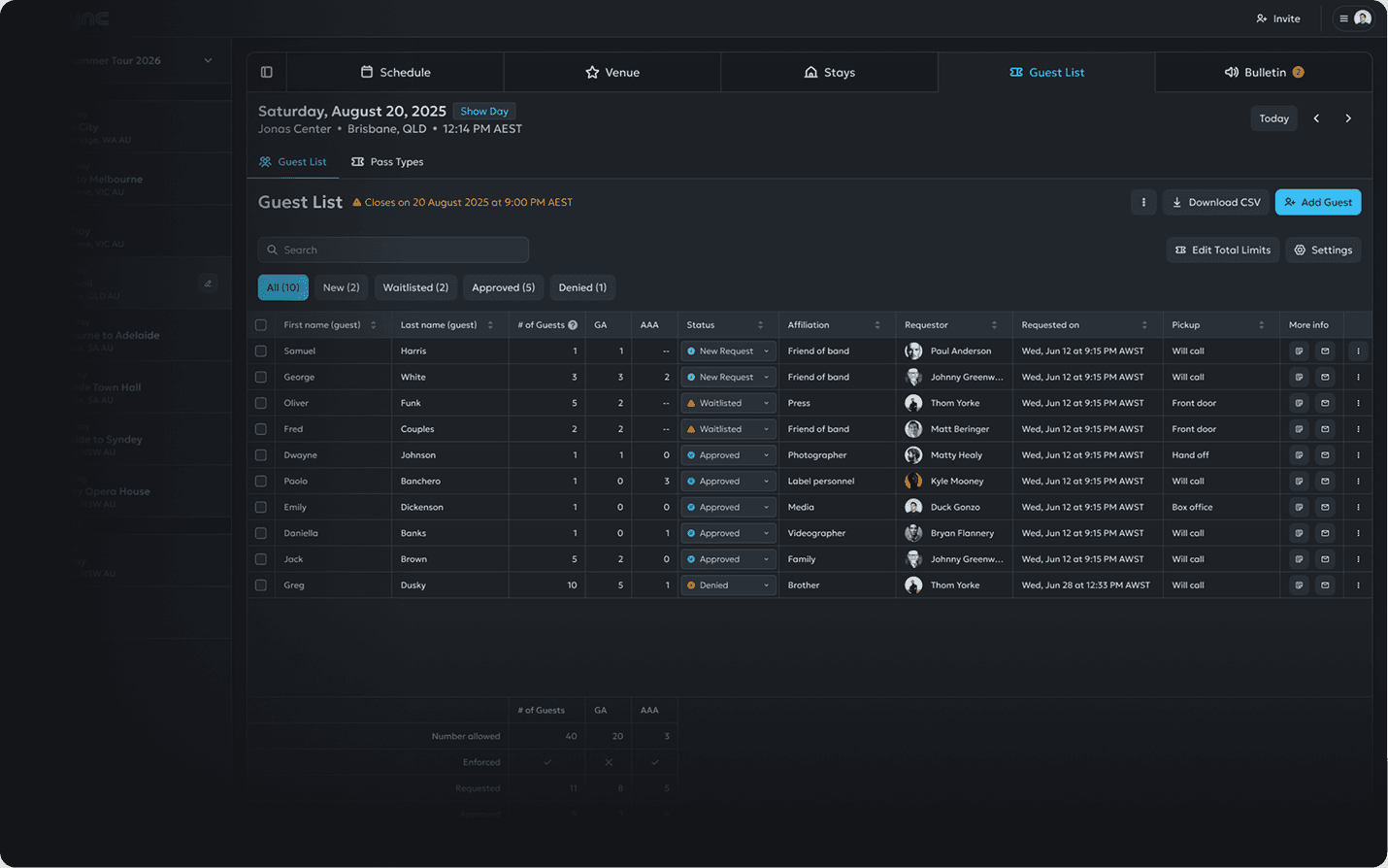 The DaySync tour management web app, showing the detailed 