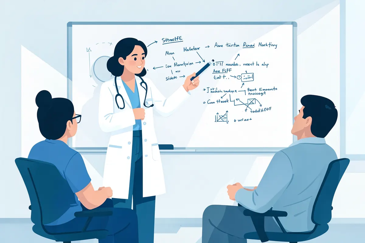 A doctor presenting a marketing plan on a whiteboard to colleagues.