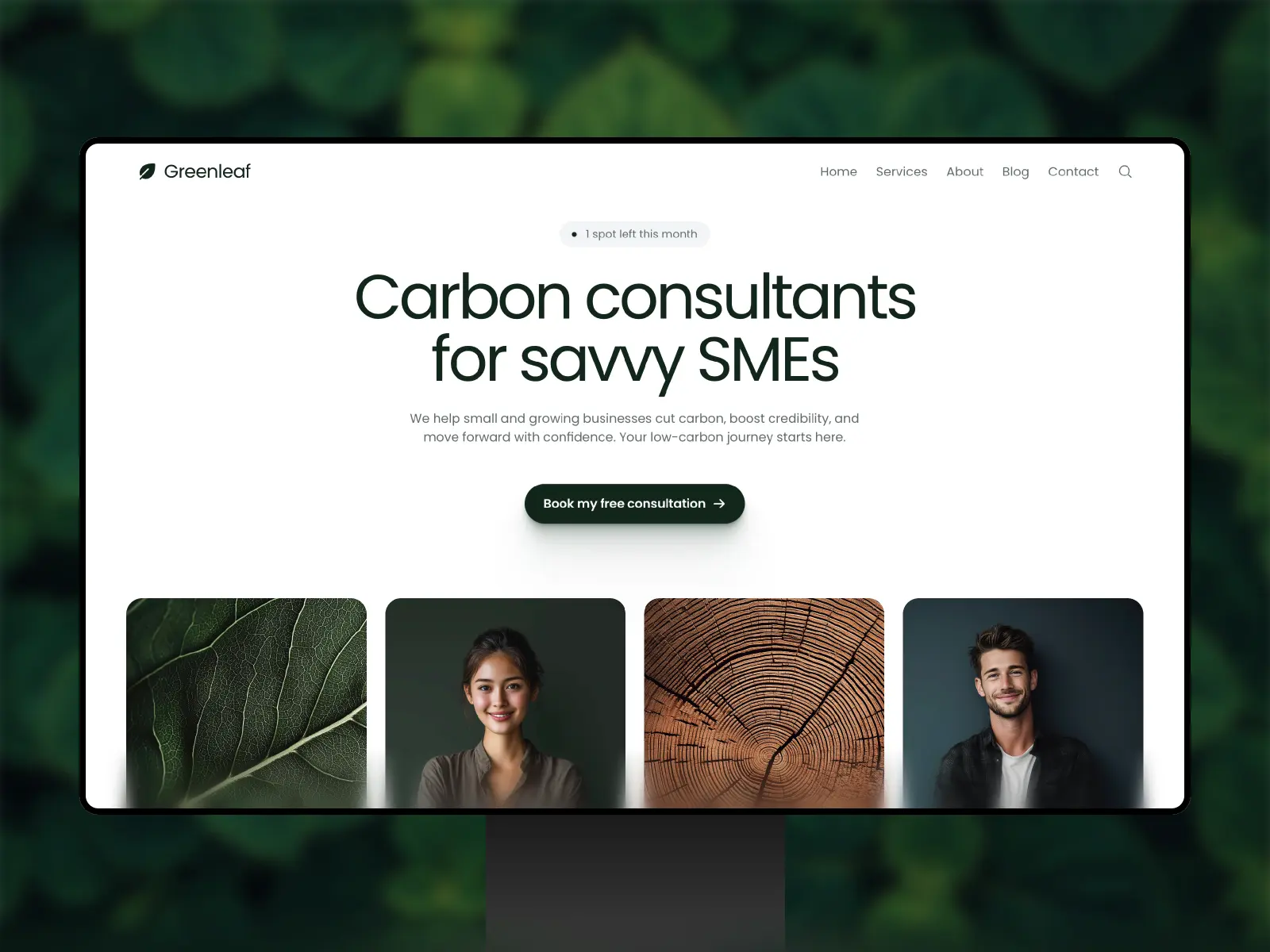 Preview of the Greenleaf Framer template homepage for a carbon consulting and sustainability business.