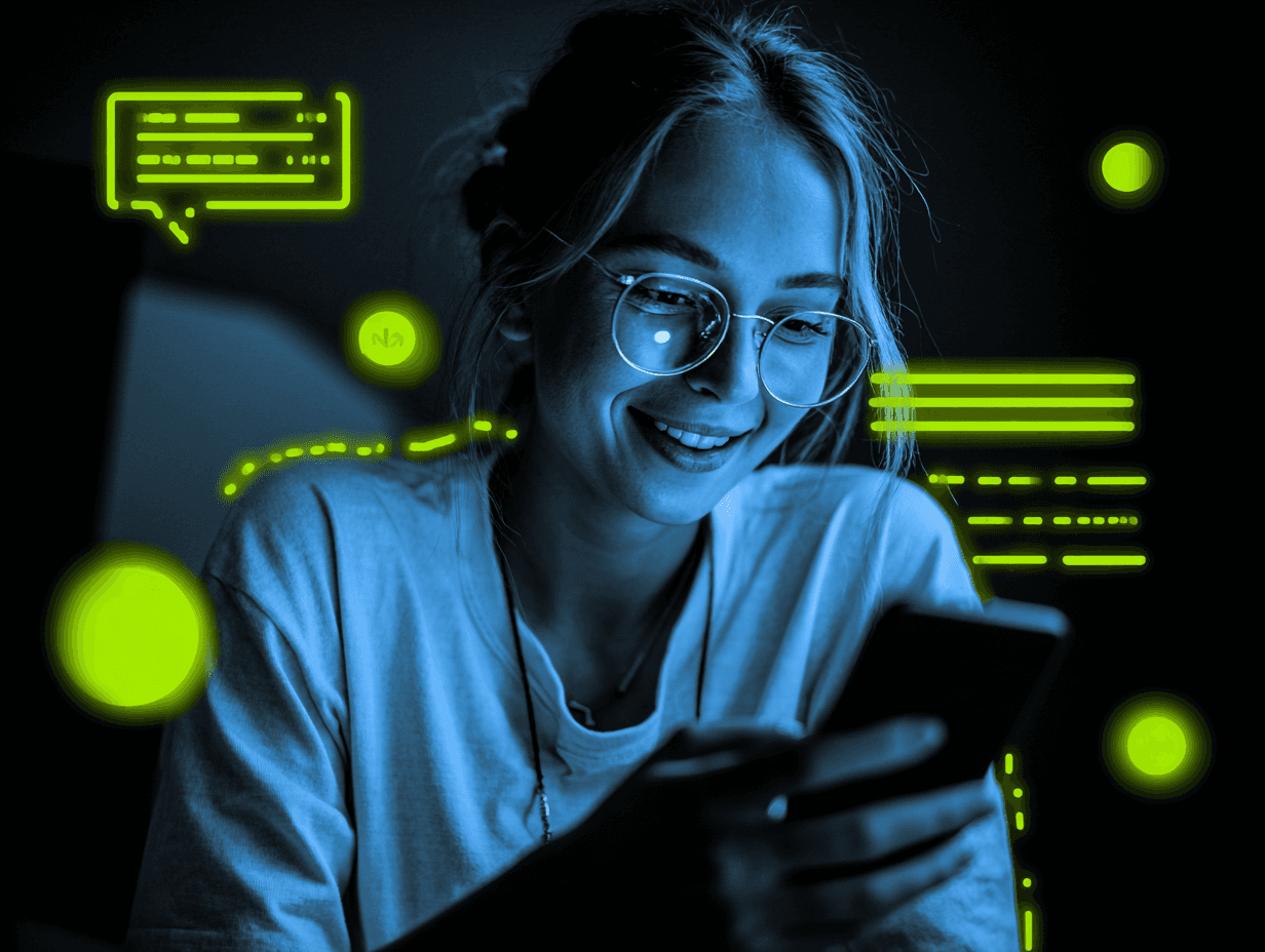 woman looking happy at the engagement she is getting on posts