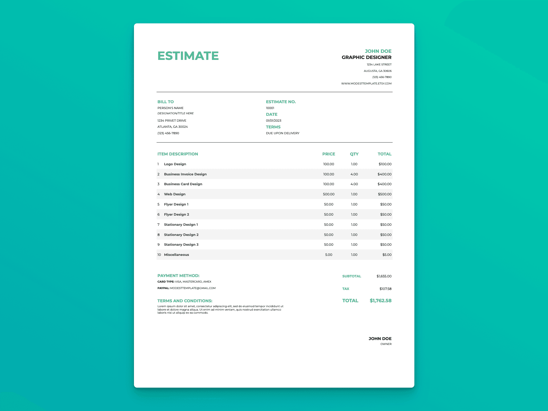 Estimate template displaying itemized services, quantities, and totals with sections for terms, tax, and payment method.