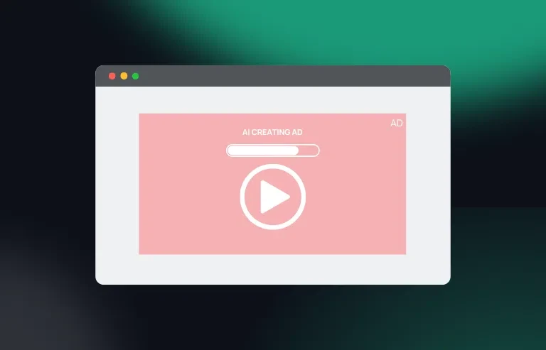 A browser window illustration showing an AI tool automatically generating a video ad, with a progress bar labeled “AI CREATING AD” and a large play button in the center, symbolizing automated ad creation