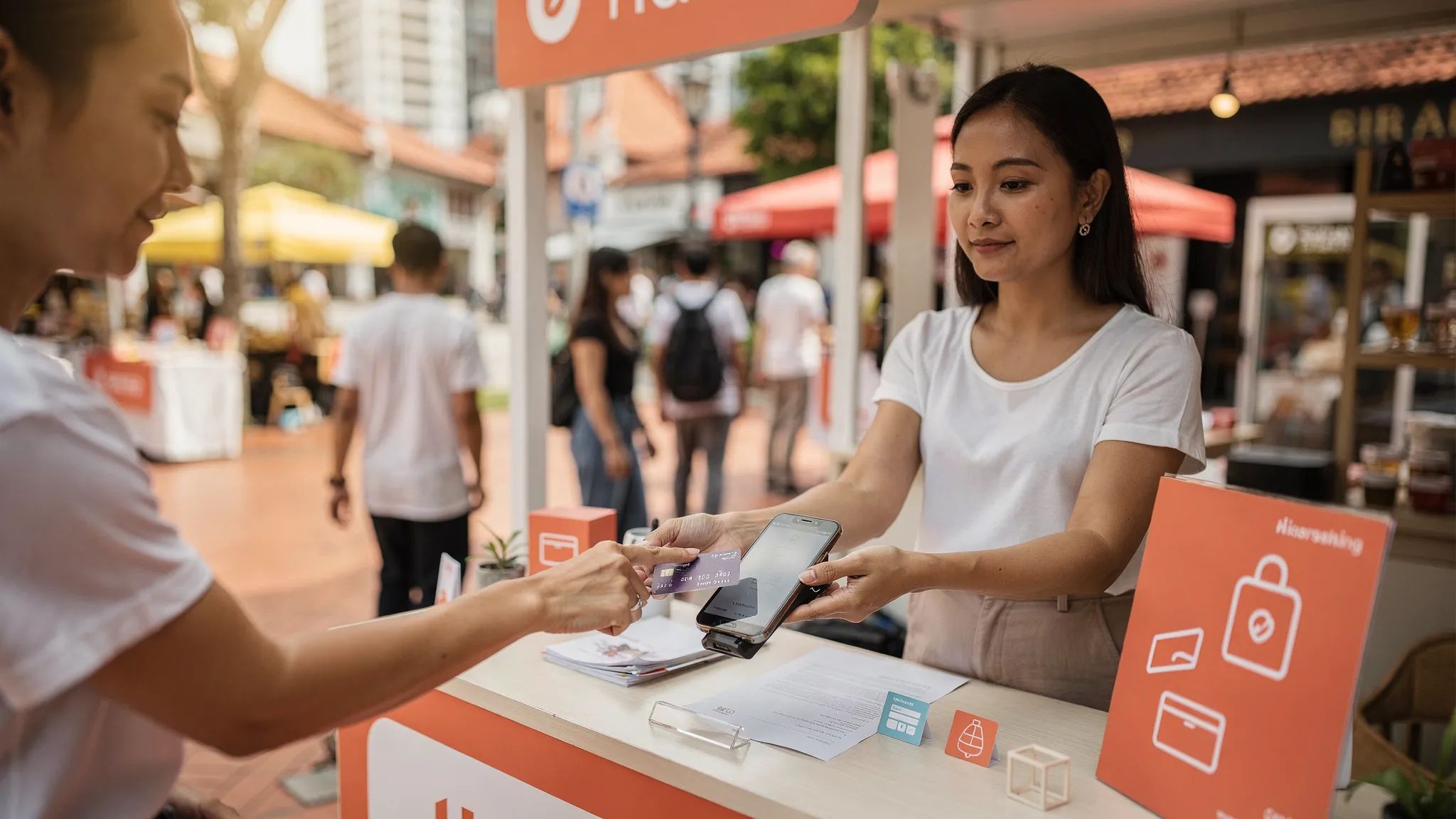 A small business owner at a Singapore pop-up stall accepts a contactless card payment by holding a smartphone while a customer taps a card on the back of the phone.
