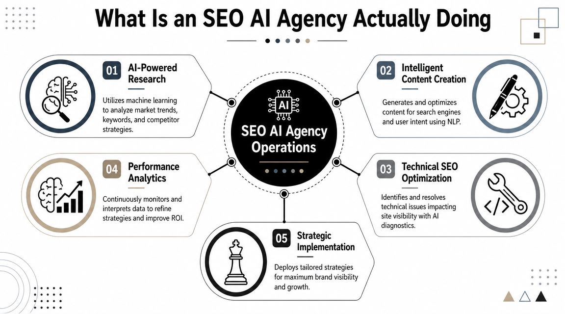 A diagram illustrating the core operations of an SEO AI agency, featuring five key service pillars.