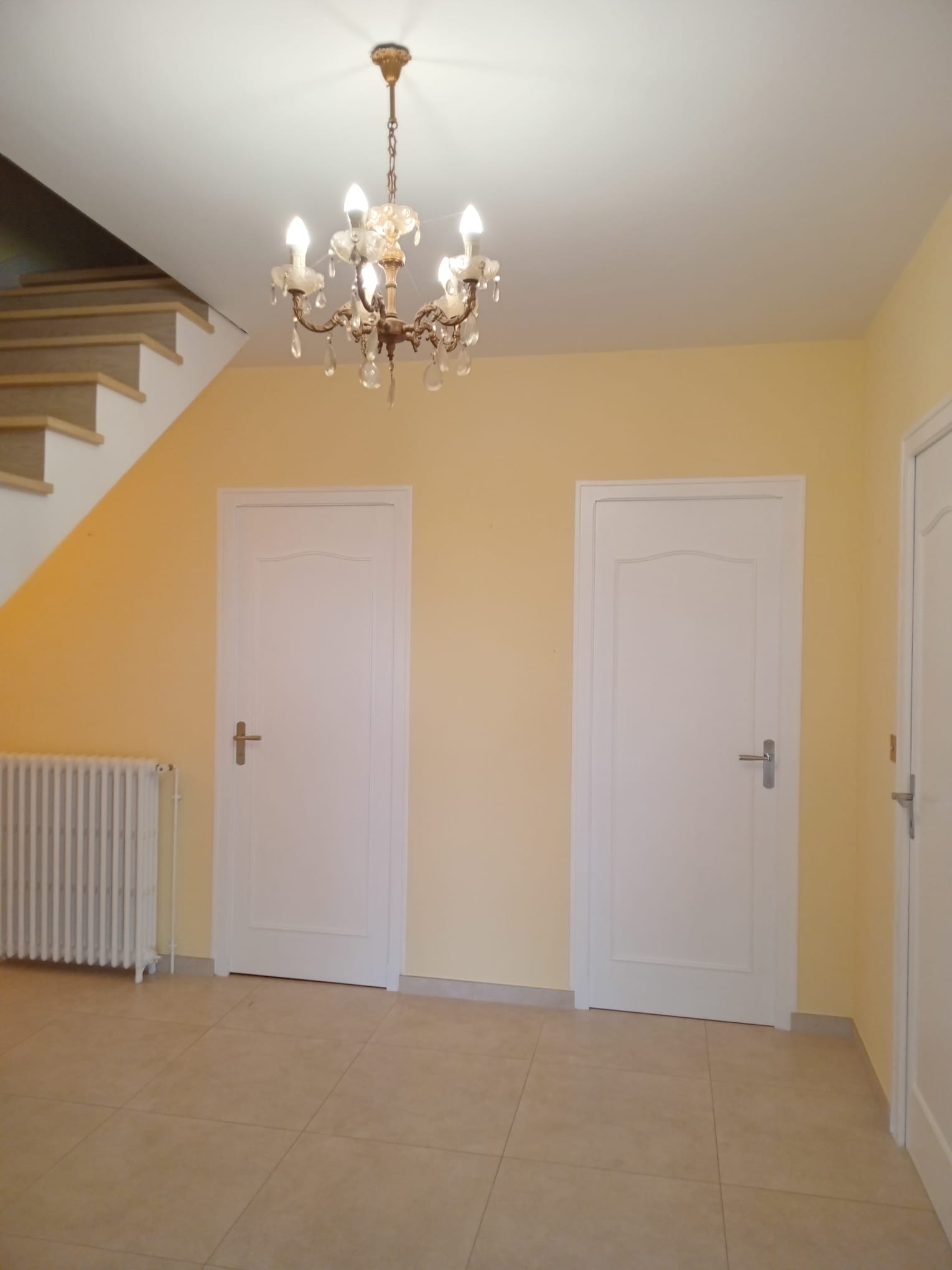 Mur blanc avec une porte en bois et un arbre en premier plan