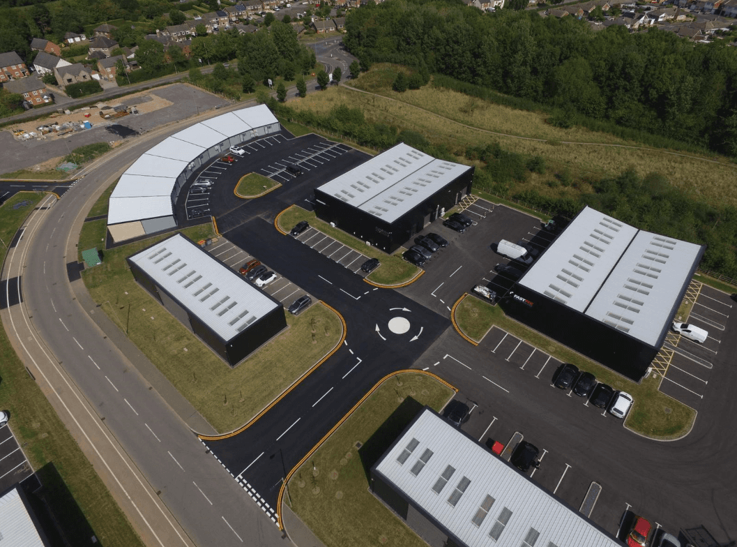 Aerial view of Tern Valley Business Park showing industrial development, access roads and commercial units delivered by Matrix IDC