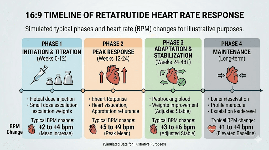 Four phases of retatrutide heart rate changes timeline from start through long-term adaptation