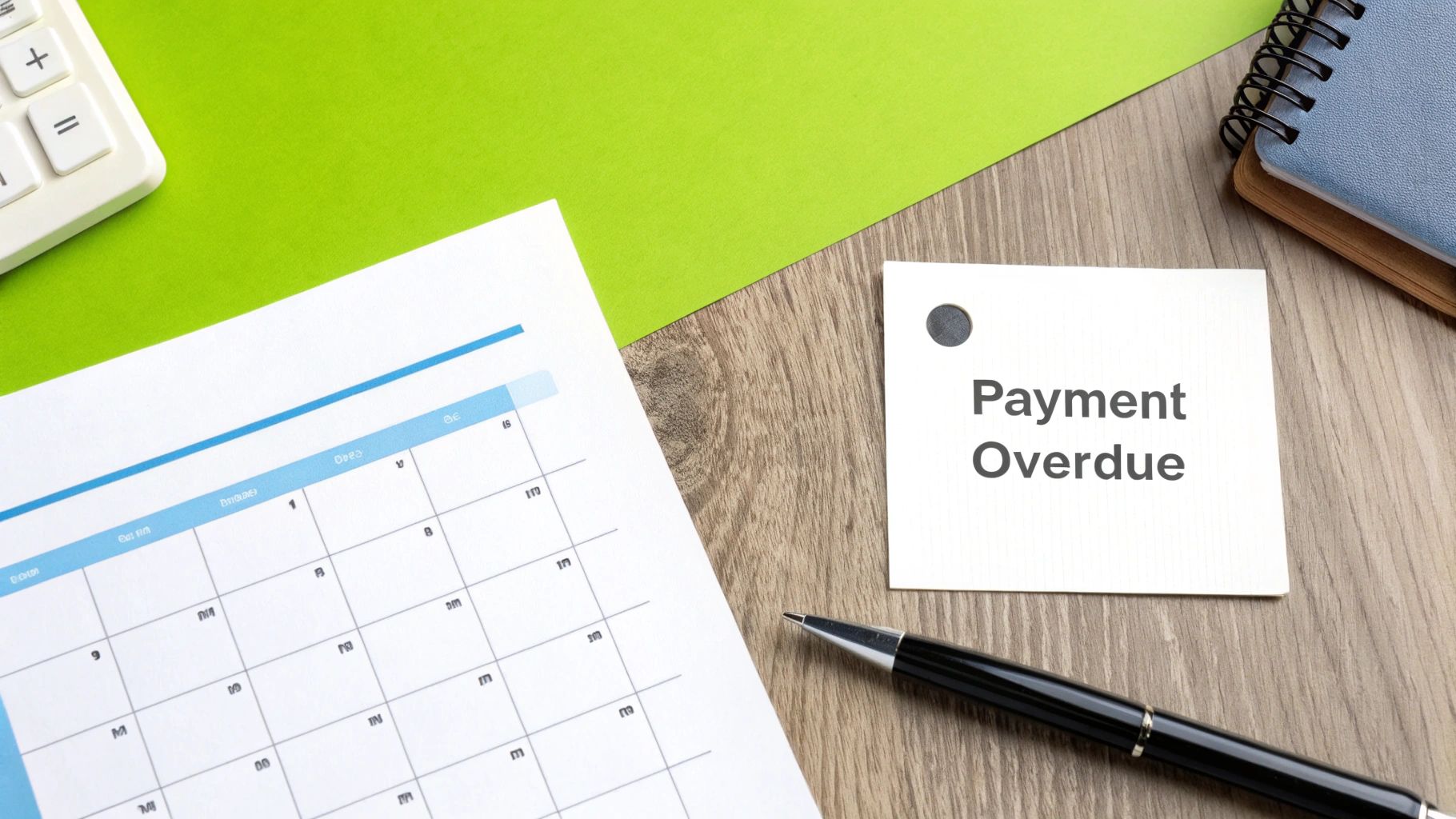 A desk with a calculator, calendar, pen, and a note reading 'Payment Overdue'.