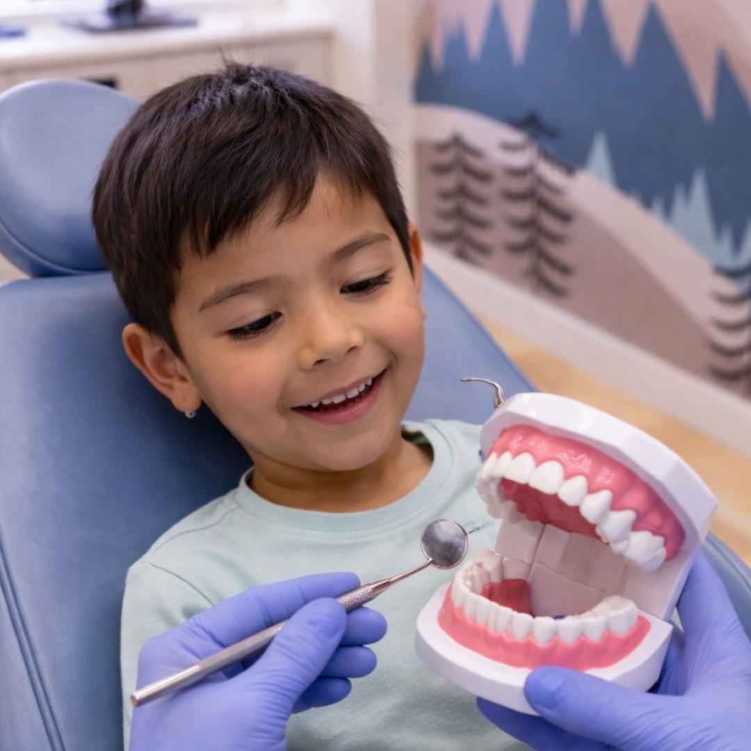 A dentist showing a young boy a dental mirror and a plastic teeth model to explain the exam process in a kid-friendly way.
