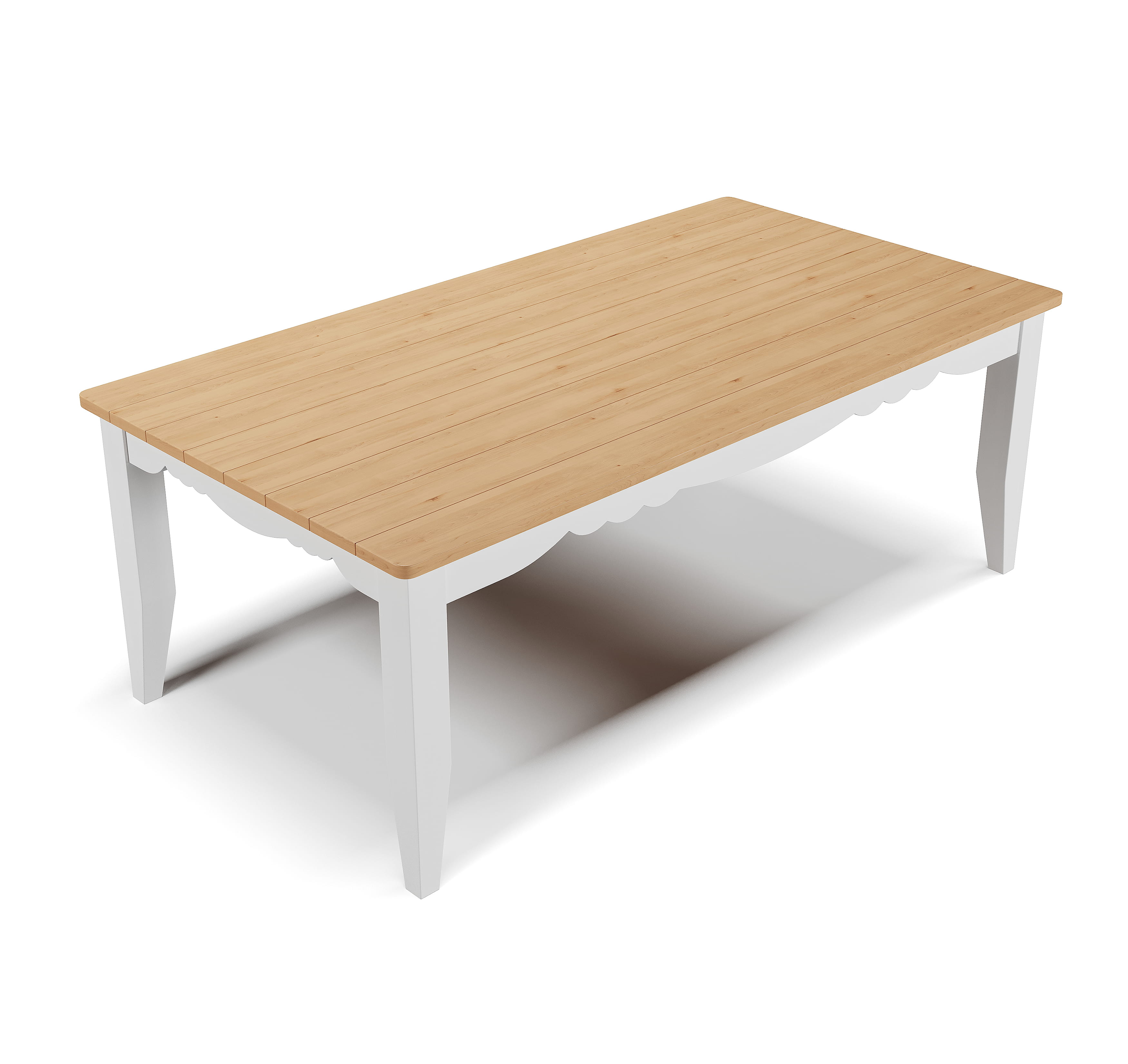 Angled top view 3D render of wooden table with clean surface and sturdy frame