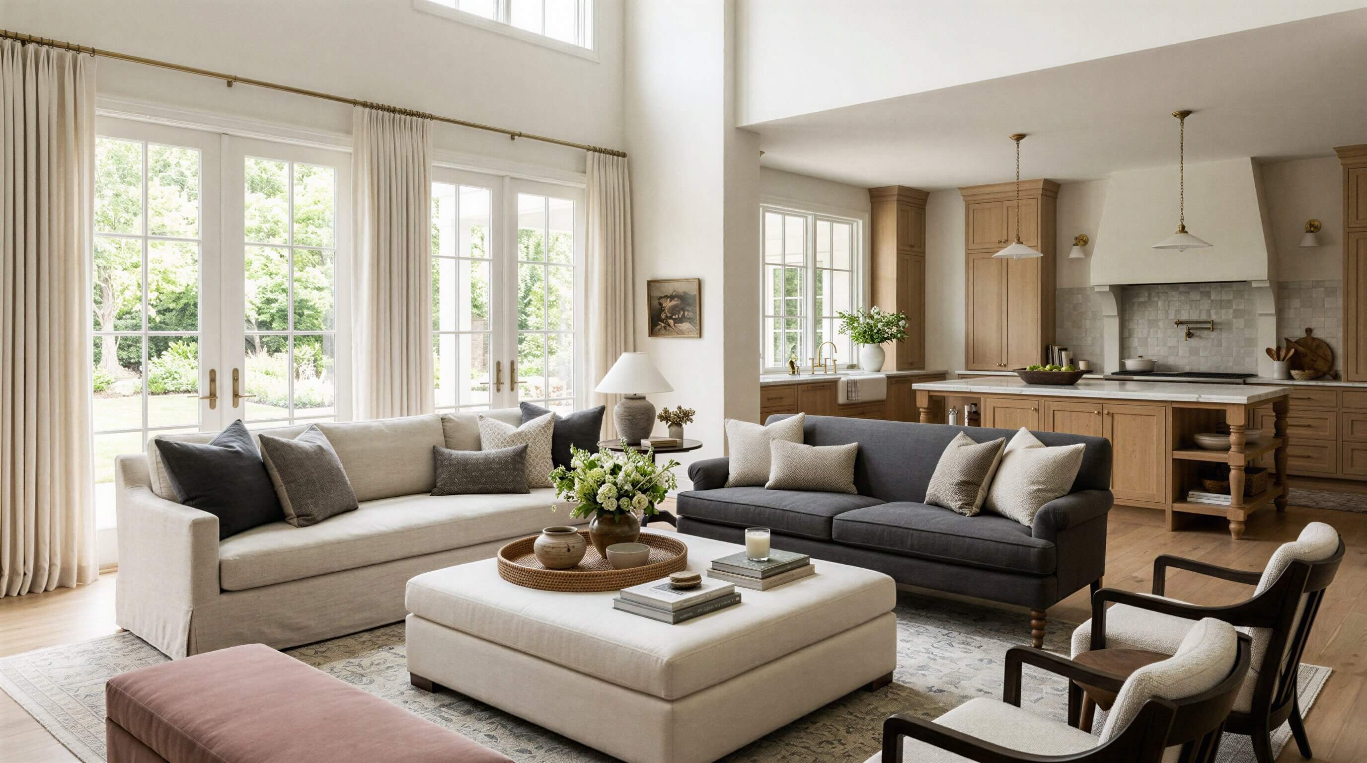 Open-concept living room and kitchen with light oak cabinetry, neutral sofas, and a large ottoman.