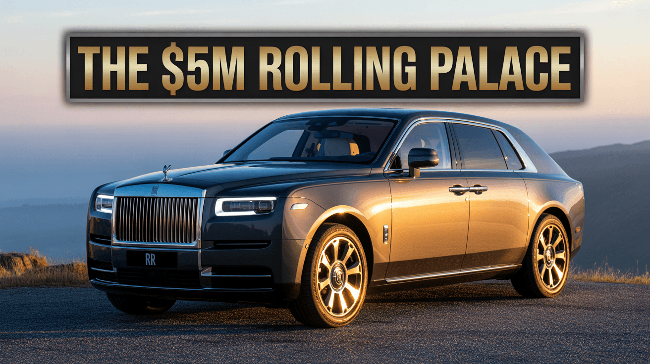 Luxury Rolls Royce RV at sunrise on mountain cliff with The $5M Rolling Palace text