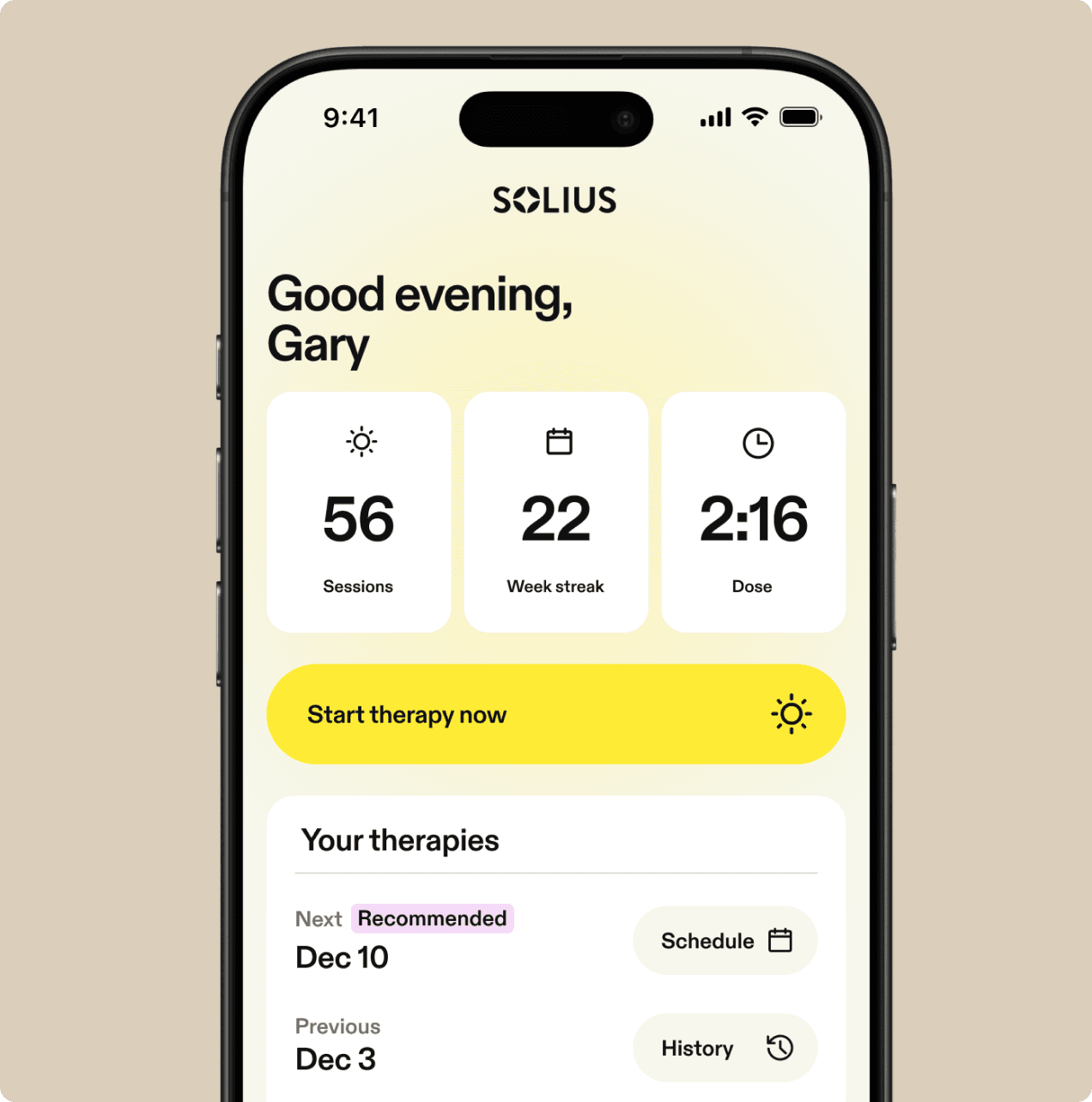 Minimal dashboard card showing therapy details with next recommended date, previous session date, personalized dose, and options to schedule, view history, or adjust settings