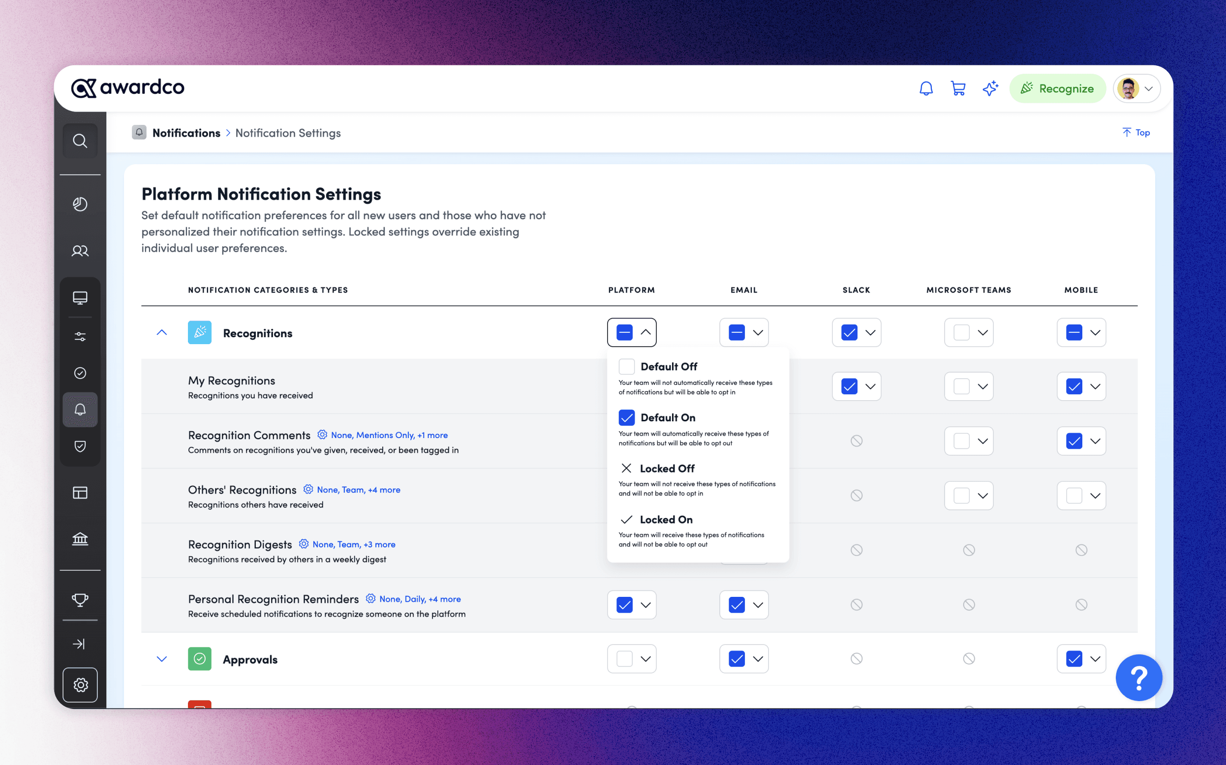 Admins notifications experience allows to lock settings on or off, hide notification triggers completely from their organization, or set organizational defaults with the ability to override at the end-users discretion.