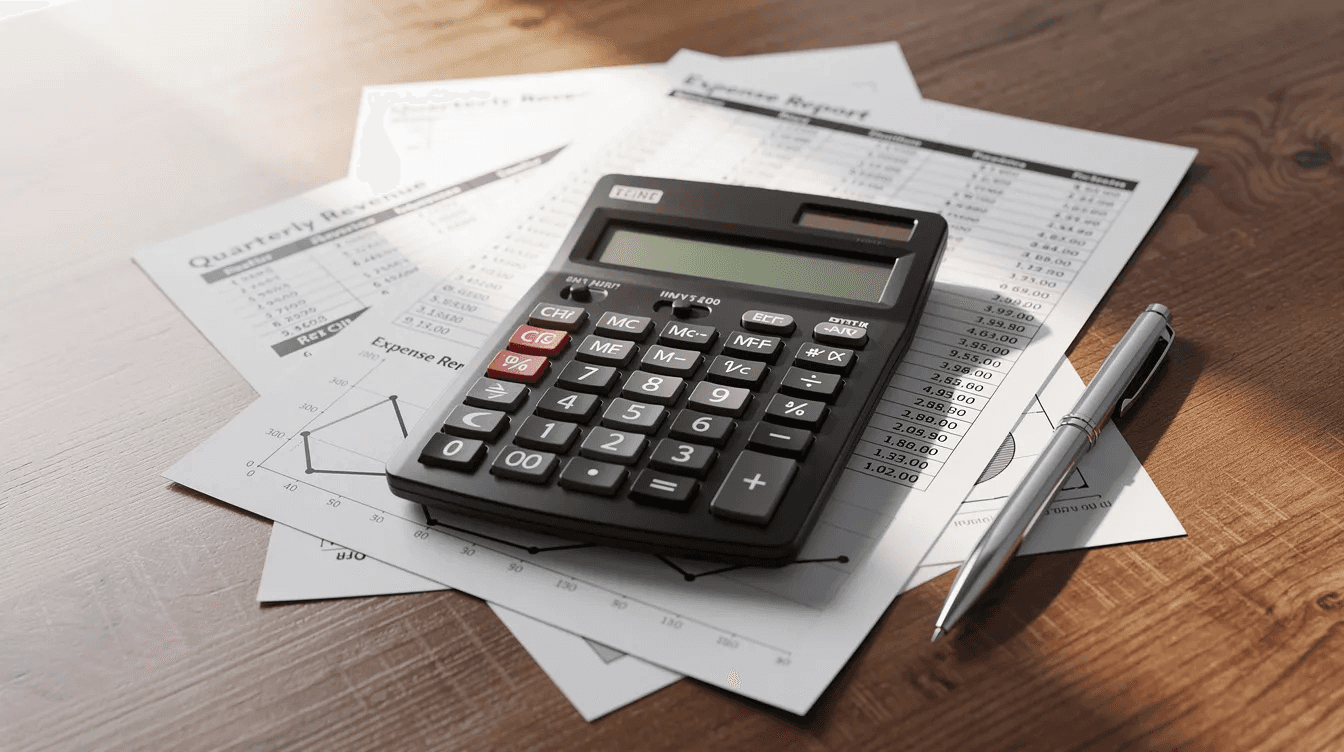 The image shows a calculator placed on top of printed financial documents on an office desk, symbolizing the importance of assessing liability coverage needs and understanding costs related to business insurance. This setup highlights the essential tools for managing financial responsibilities and potential claims in a business environment.