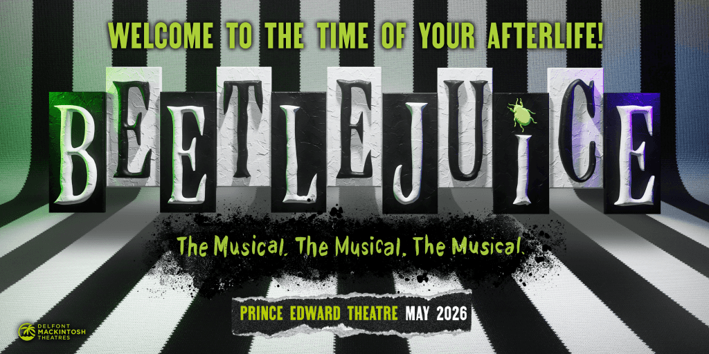 Beetlejuice West End show poster with striped background and green text.