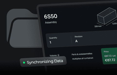Assembly data with quantity, revision and price, showing data synchronization in progress.