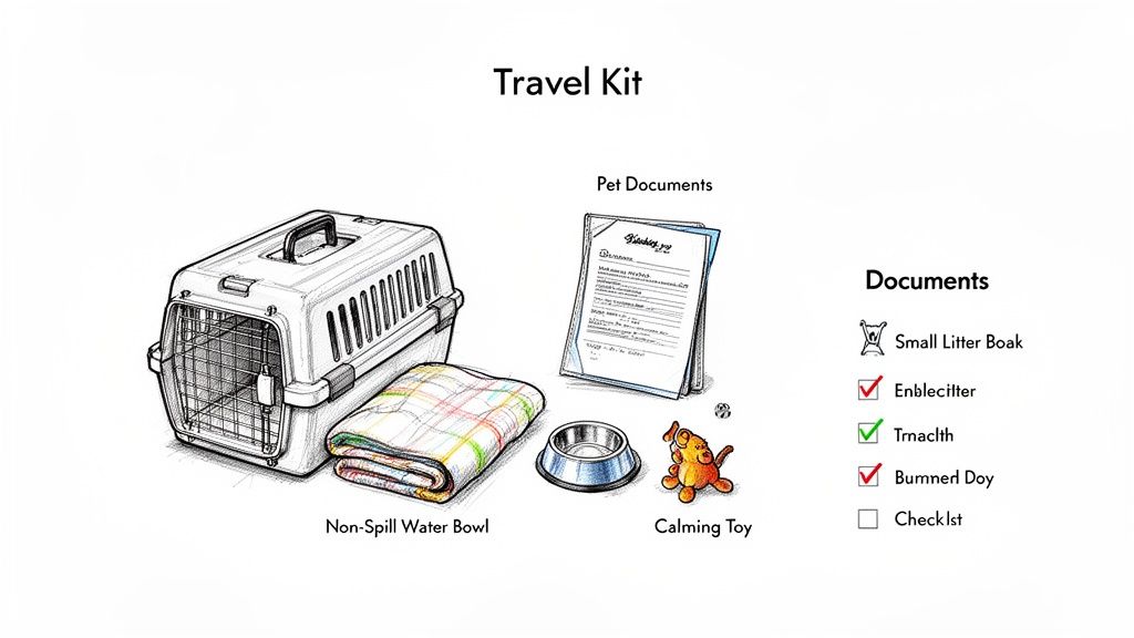 A comprehensive pet travel kit including a carrier, blanket, non-spill water bowl, calming toy, and essential documents.