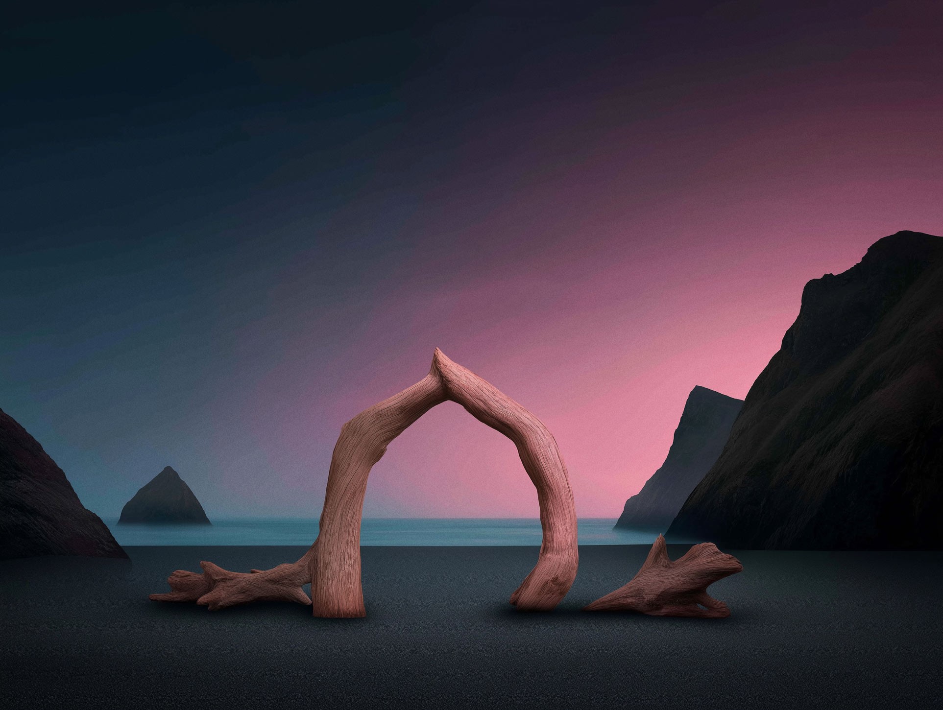 Tree logs resting on a beach with mountains in the background