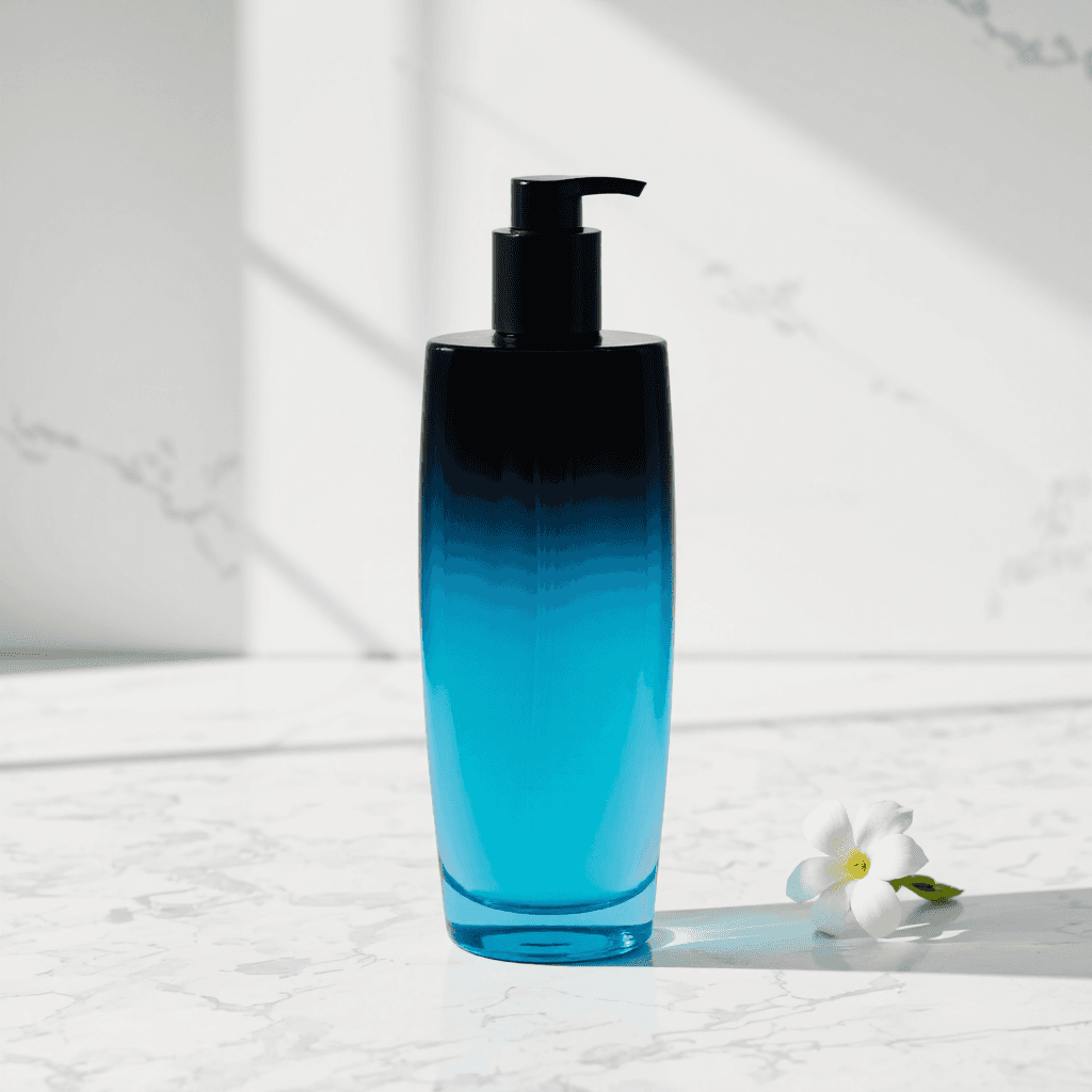 product photography of a bottle of liquid product, likely for personal care or cosmetics